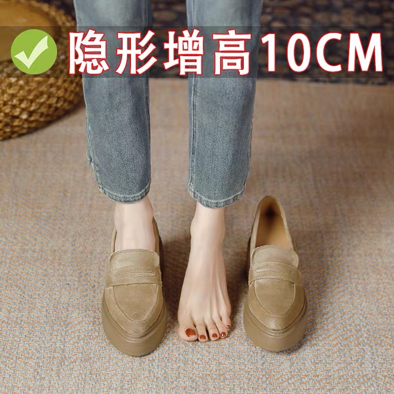 10cm 작은 내부 높이 플랫폼 로퍼 여성 레트로 싱글 레이어 신발 영국 스타일의 작은 가죽 신발 슬립 온 작업 신발