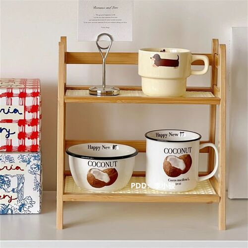 Handmade Ins-style ancient Chinese style rattan cream double-layer desktop shelf for dormitory bedroom office kitchen cup holder