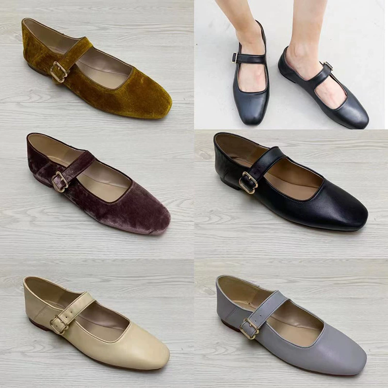 Туфли Мэри Джейн весна-осень 2024, женские туфли из имитации вельвета с квадратным носком, на плоской подошве, с неглубоким вырезом, повседневные, с одной лямкой и пряжкой.