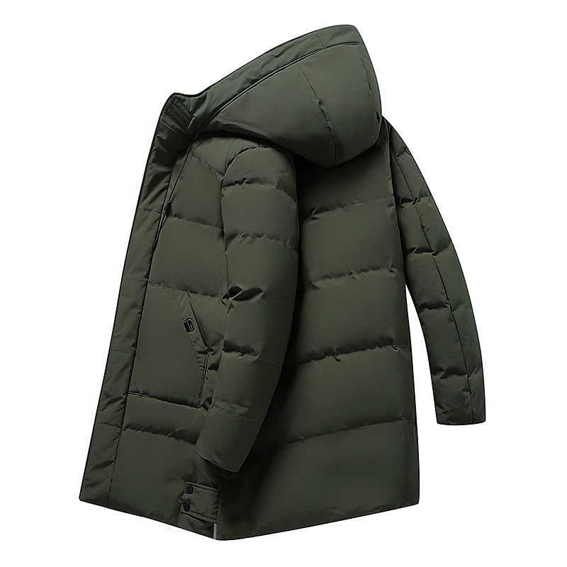 Long demi-season down jacket with down, mid-length, increased thickness