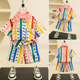 儿童夏季套装新款童装韩版彩色波点男女童条纹衬衫短裤两件套