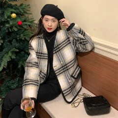大码高级感小香风格子外套女装秋季2025新款上衣胖mm红色毛呢大衣