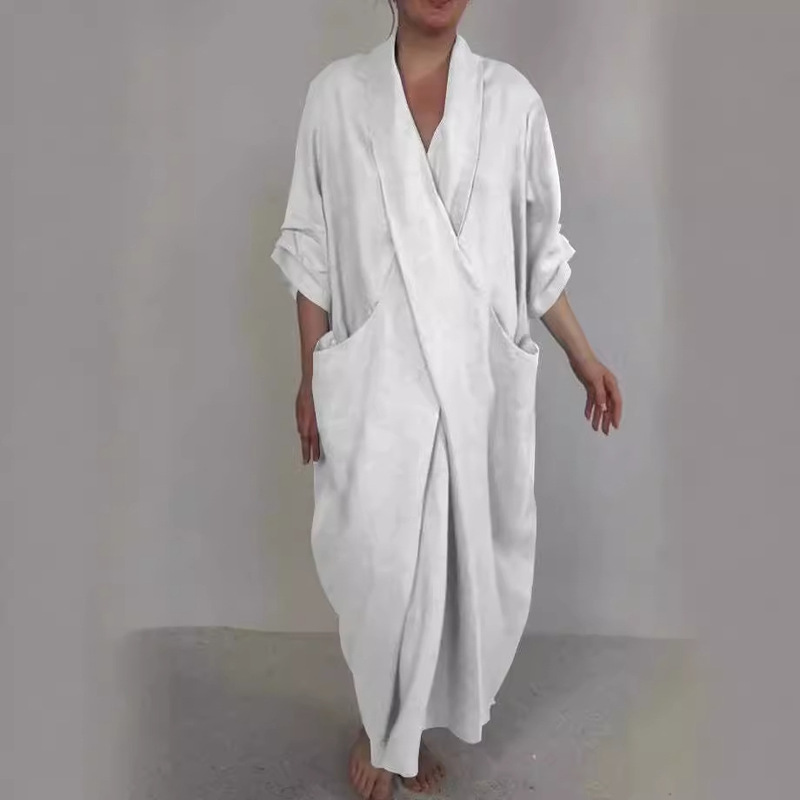 2024 Independent Station Export Summer and Autumn_Linen Bathrobe Skirt Pure Color Casual Large Flap Pocket Pants V Neck Slit Dress