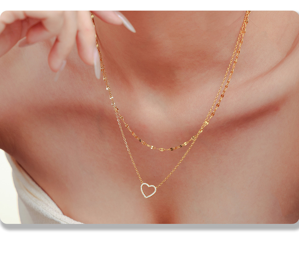 Square Sugar Ins Heart-shaped Handmade Zircon Double Layered Collarbone Necklace Bracelet Set Titanium Steel PVD Electroplating Color Preservation_voghion.com