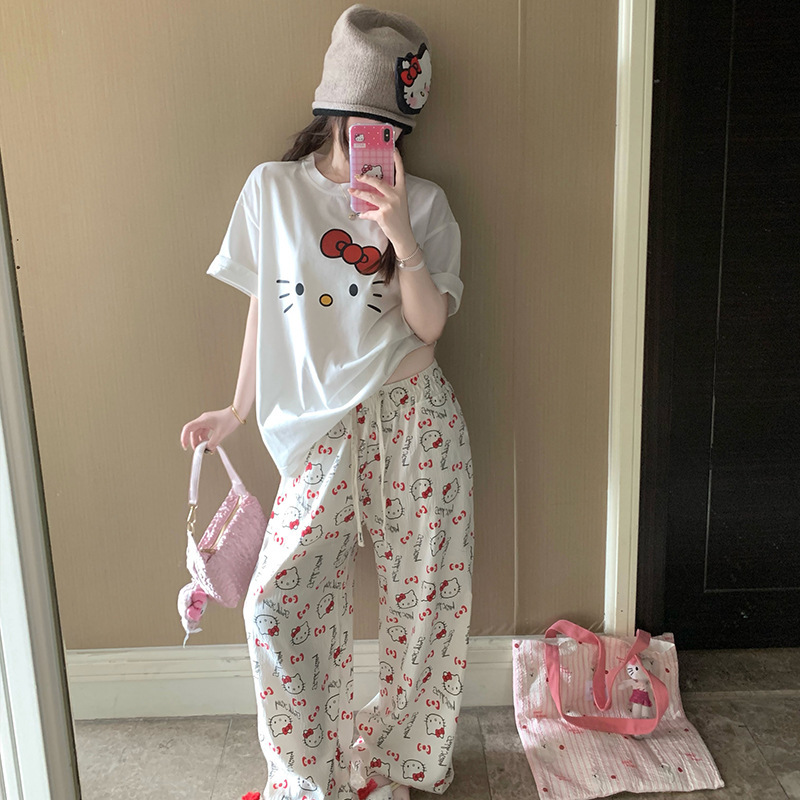 Cute Hellokitty Pajamas Women's Summer Cotton Short-sleeved Trousers Cartoon Student Girl's Home Clothes Two-piece Set