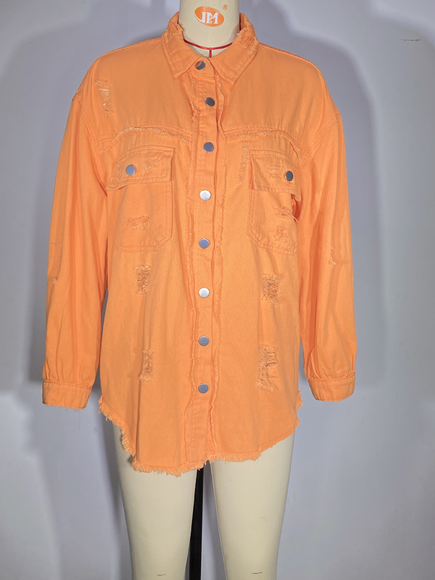 Giacca di jeans donna con volant strappata bavero manica lunga_voghion.com