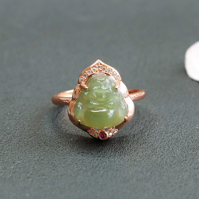Jiyu натуральный Хотан Нефритовое озеро вода зеленый Будда кольцо Майтрейя Будда кольцо ювелирные изделия живые 2041503
