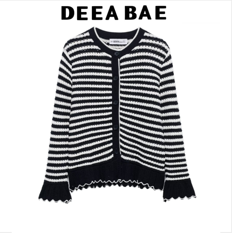 DEEABAE 2025春季新品女装 叠层饰条纹圆领长袖针织外套4331020