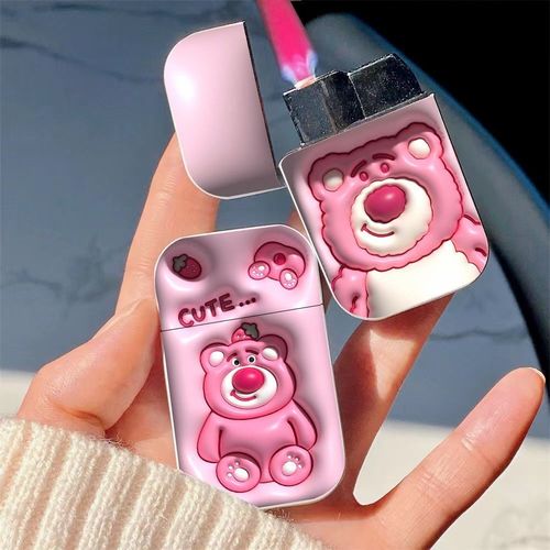 3D strawberry bear cute pink flame gas transparent lighter Instagram girls high-quality creative windproof string