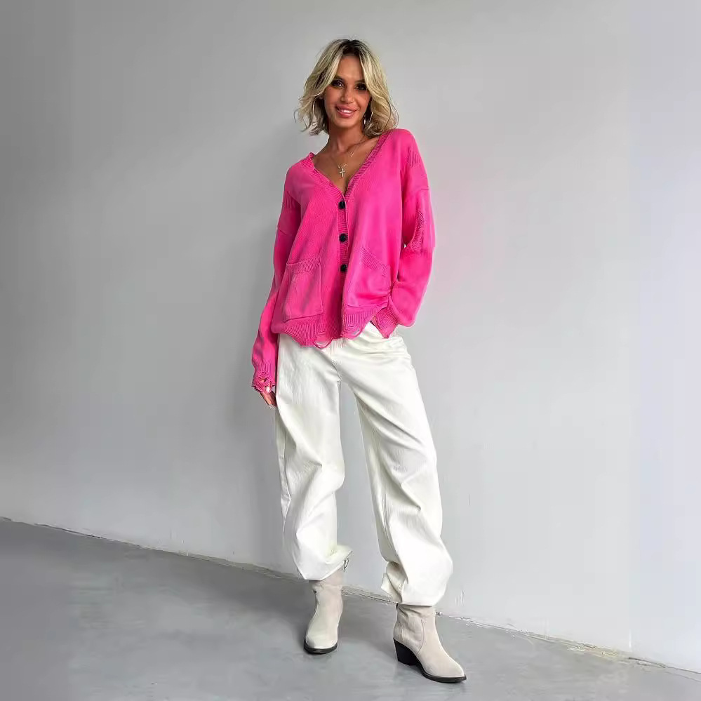 Vintage-Strickcardigan für Damen im Used-Look – Langärmliger, offener Pullover mit Taschen, Boho-Chic und lässige Bürokleidung für Herbst/Winter_voghion.com