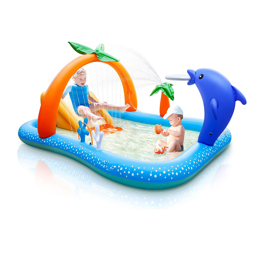 Inflatable Swimming Pool Children Water Fun Water Ski Slide Coconut Cartoon Palm Sprinkler Throwing Ring Game