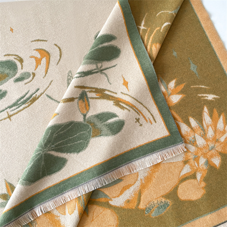 Kashmirhandkänsla för kvinnor, höst och vinter kinesisk stil lotusdamm varm imiterad kashmirhalsduk, tjock dubbelsidig_voghion.com