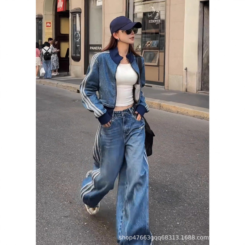 Autumn Old Money Style Outfit with a Light Luxury and High-End Feel, Extremely Stylish and Cool Hong Kong Chic Blue Denim Suit Pants