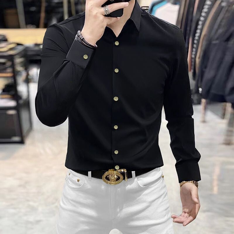 Fashionable Gold-Buttoned High-End Men's High-Elastic Slim-Fit Long-Sleeve Shirt, Silky Non-Iron Business Stylish Solid Color Shirt Fashionable Gold-Buttoned High-End Men's High-Elastic Slim-Fit Long-Sleeve Shirt, Silky Non-Iron Business Stylish Solid Color Shirt