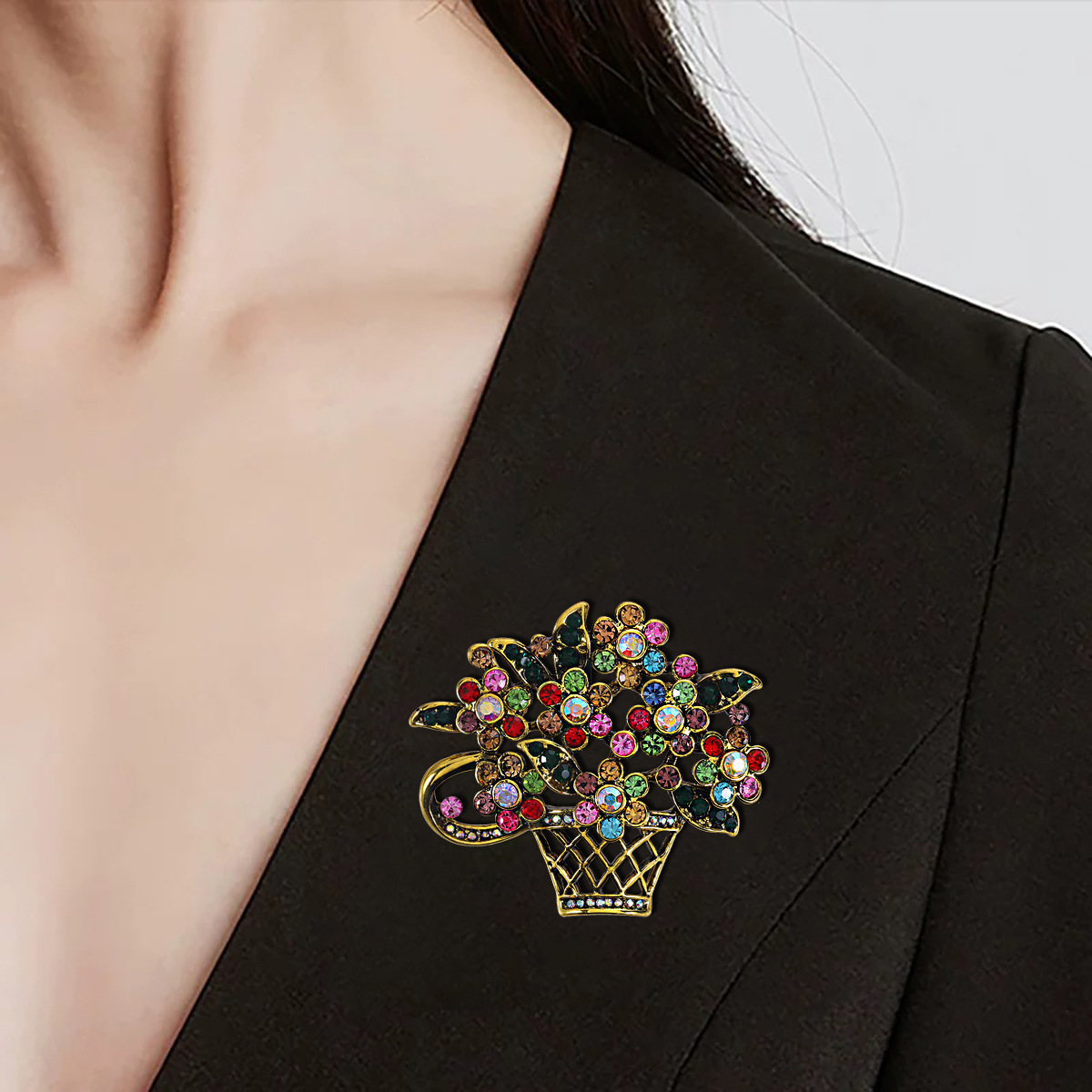 New Stylish and Exquisite Alloy Enamel Flower Basket Brooch, Versatile for Women's Suits and Cardigans, Accessory Pin
