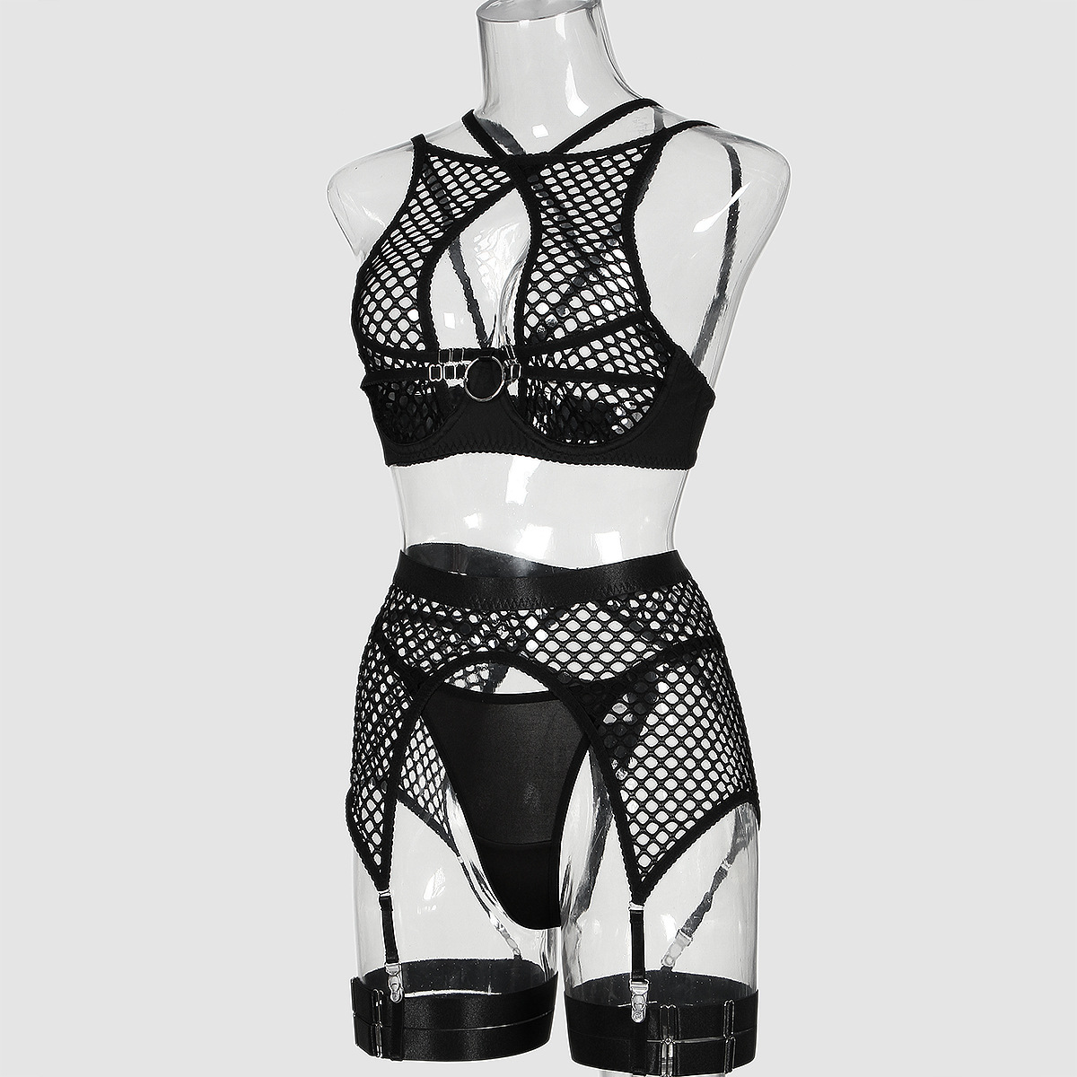 Black Halter Fishnet Lingerie Set For Women