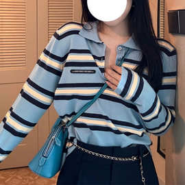 早秋季韩系清冷风蓝色条纹polo领字母标针织衫女减龄百搭长袖上衣