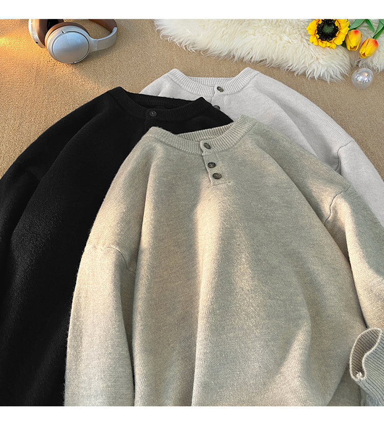 Cleanfit Henley Knit Sweater – Heavyweight Relaxed Pullover With Ribbed Hem_voghion.com