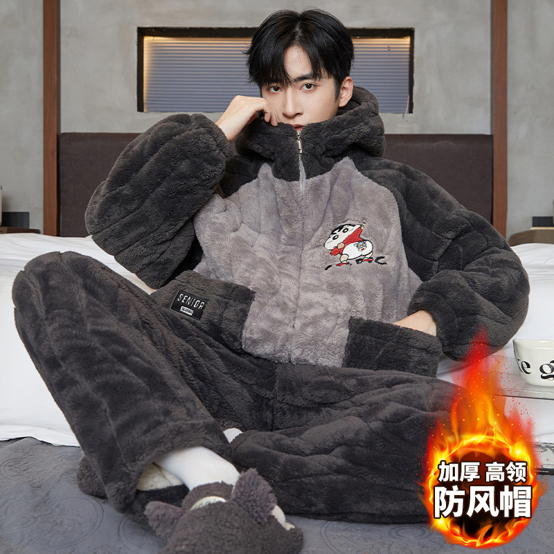 Men's Pajamas Winter Coral Velvet Thickeneded Fleece-Lined Three-Layer Quilted Autumn and Winter 2025 New Style Can Be Worn Outside Home Clothes