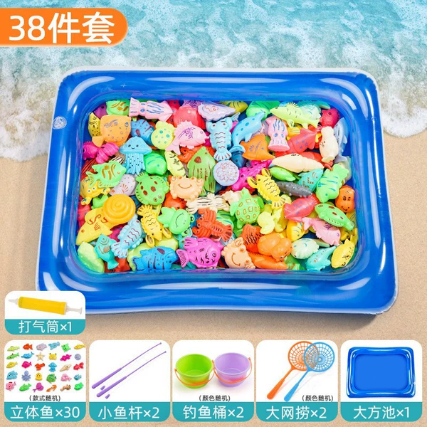 [Da square pool] 38-piece set: 30 fish, 2 purple poles, 2 long nets, 2 barrels, 1 pump + blue square pool