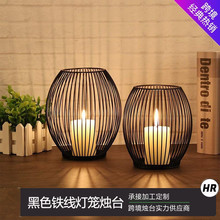 跨境亚马逊黑色灯笼烛台复古铁艺蜡烛摆件浪漫圣诞蜡烛台拍摄道具