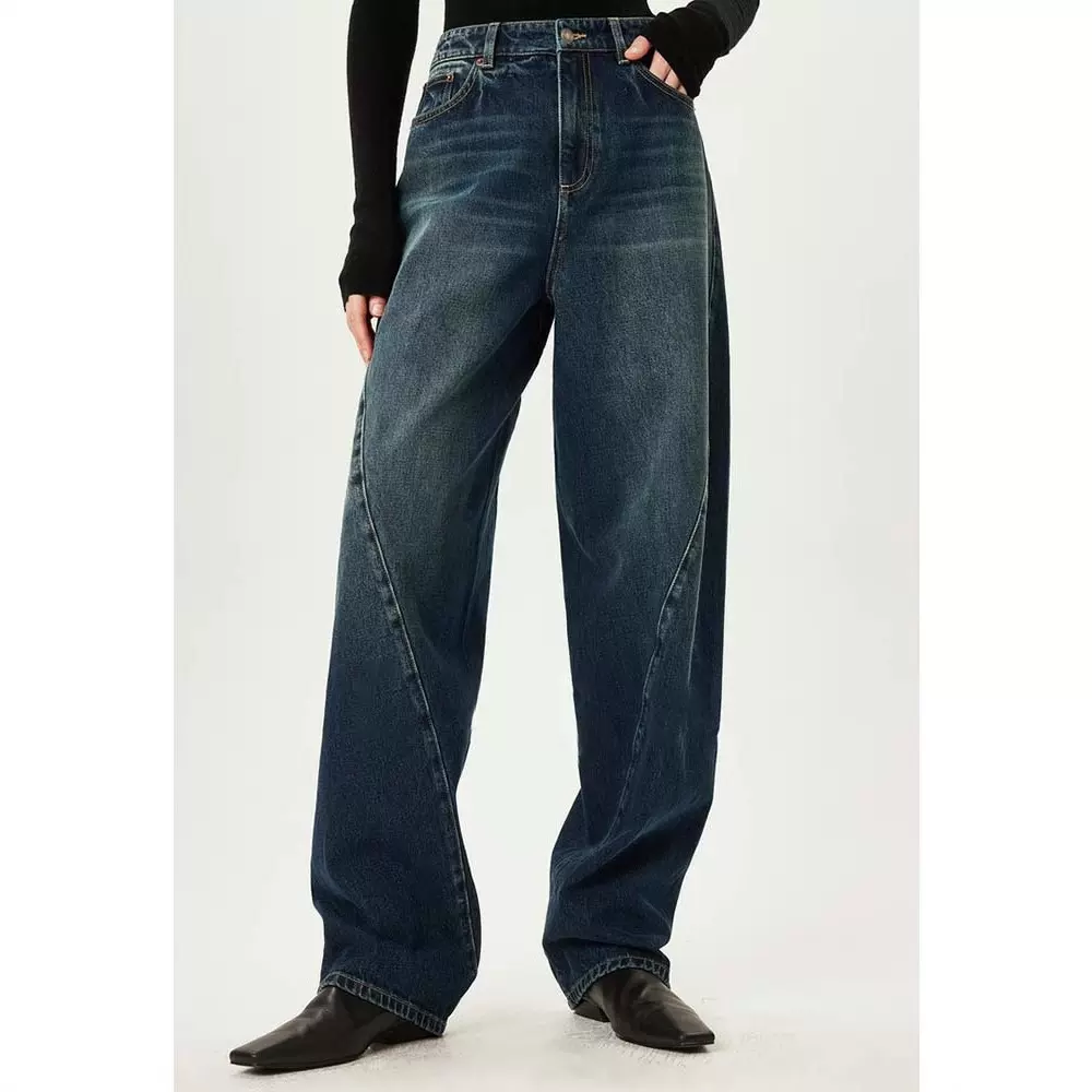 四媛 开J同款猫须扭缝微弧直筒裤休闲高腰宽松牛仔阔腿裤女8939