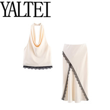 ZAR  春季新款女装欧美风法式蕾丝饰缎面挂脖领上衣迷笛裙3532896