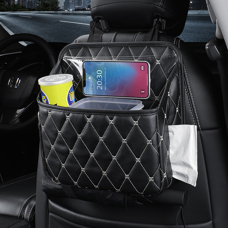 Aika Car Seat Back Organizer Cute Cartoon Car Trash Can Kick Mat (Chair back anti-kick pad) - embroidered-seat-back-organizer-black-with-waterproof-liner