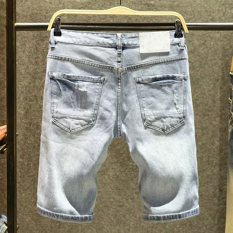 Summer Personalized Ripped Denim Shorts Men's Fashion Trend Handsome Casual Five-Point Pants Light Blue Ripped Mid-Pants