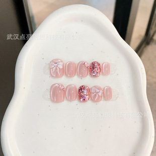 (Original) Purely Handmade Wearable Nails, Pink Crystal Bow Manicure, Girly Elegant, Whitening Fake Nail Patches