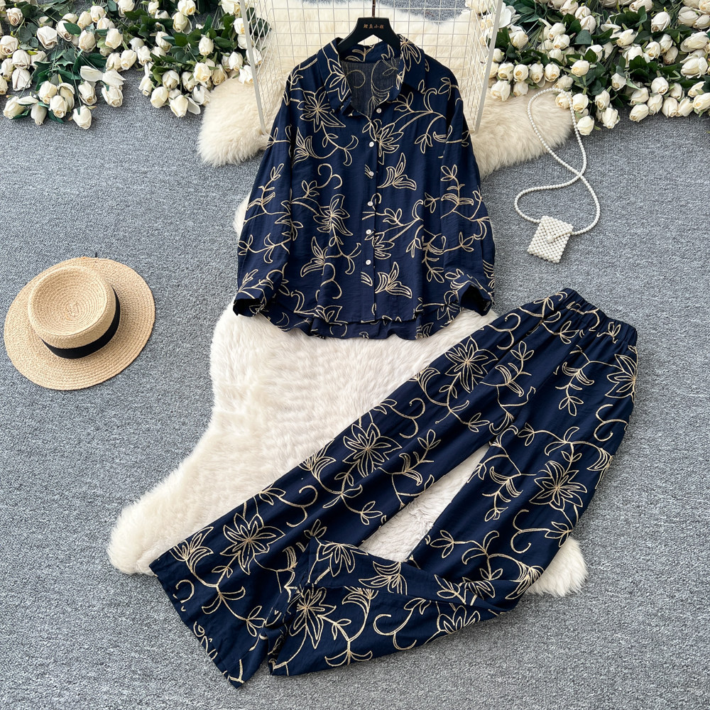 Women's Leaf Embroidery Two Piece Set Cardigan And Wide Leg Pants Slimming Versatile Autumn 2026 Commuting Clothing_ecoleips.com
