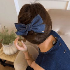韓国風おしゃれデニムリボンヘアピン、シンプルで高級感のある後頭部大型カモノハシピン、スイートリボンヘアピン