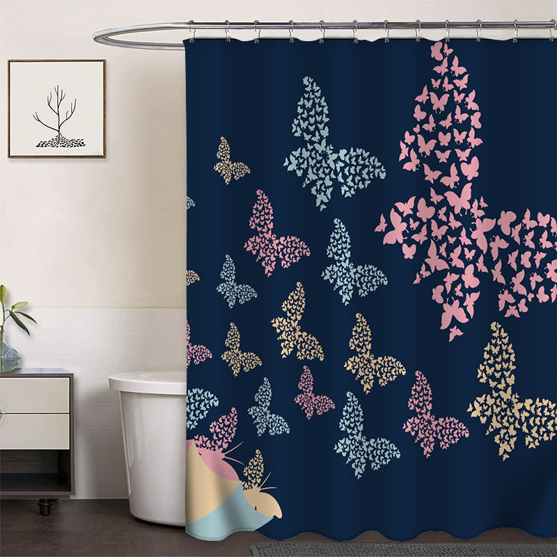 Cortina de ducha de poliéster impresa con hebilla de cortina de ducha de plástico baño cuarto de baño cortina de partición impermeable a prueba de moho