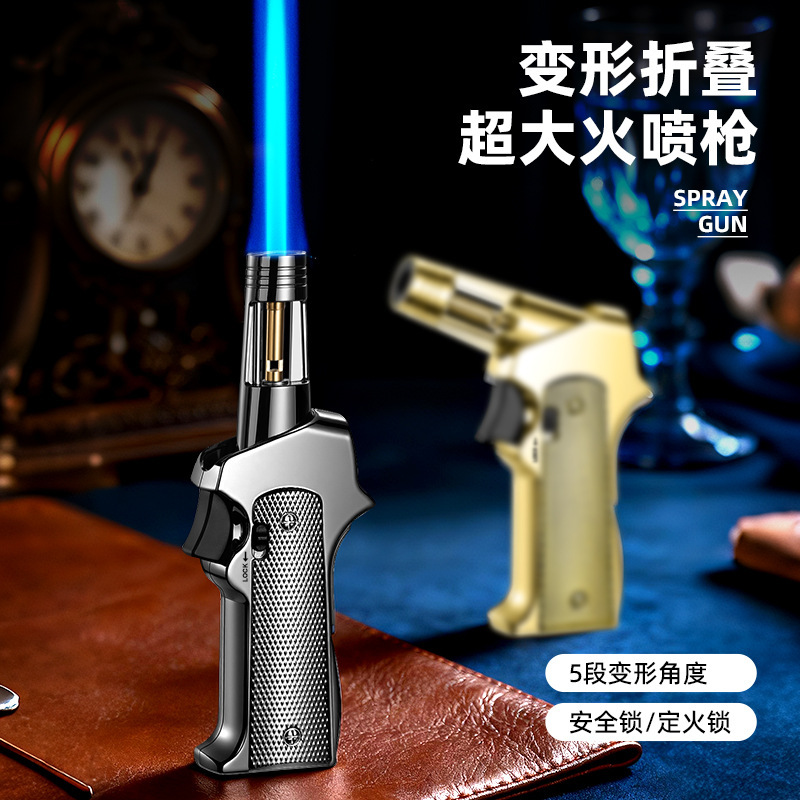 Th866 High-Power Flamethrower Inflatable Windproof Cigar Lighter Metal Straight Blue Flame Multi-Angle Foldableing Trend