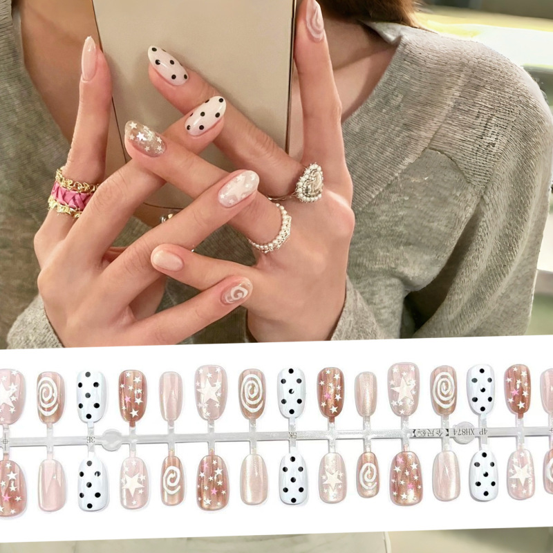 Xiaohongshu's Popular Korean-Style Polka Dot Star Press-On Nails, Short Oval Brown Cat-Eye Spring Nail Stickers Ins