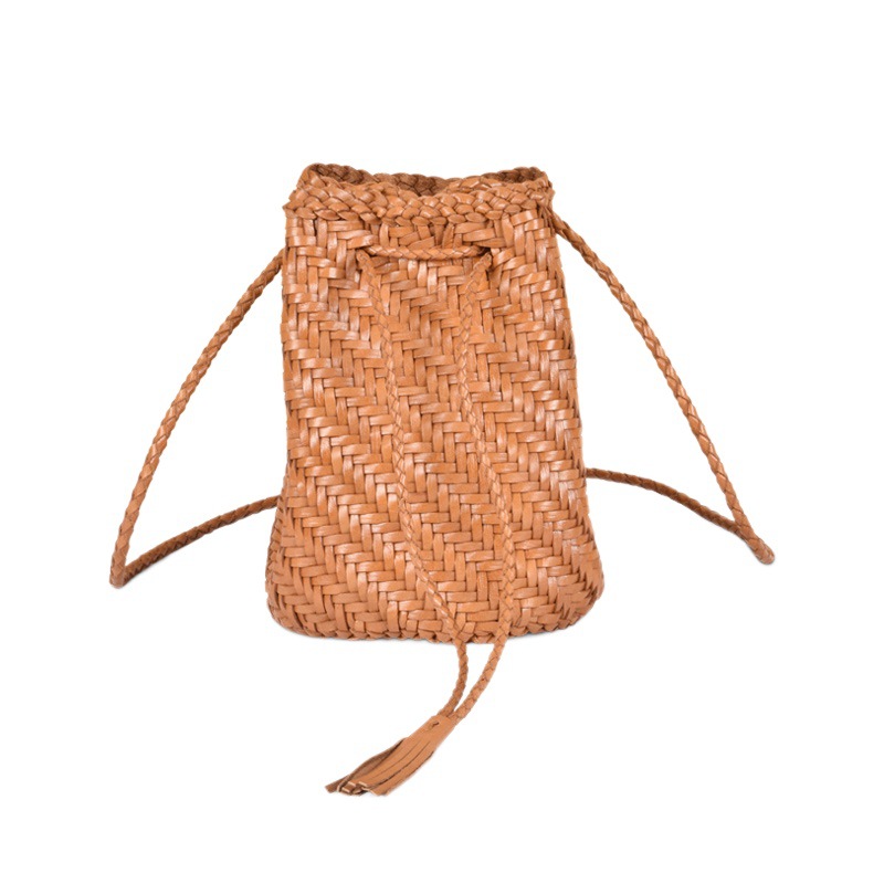 Dragón difusión primera capa de piel de vaca tejida bolsa de cubo de cuero genuino bolsa de cesta de verduras retro bolsa pequeña estilo ins