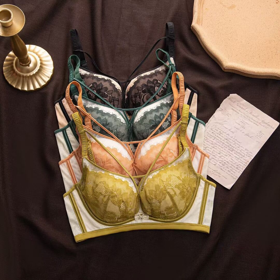 Sólido Delgado encaje sexy ropa interior Mujer no vacía taza suave nube de algodón hueco Cruz sujetador traje 3972