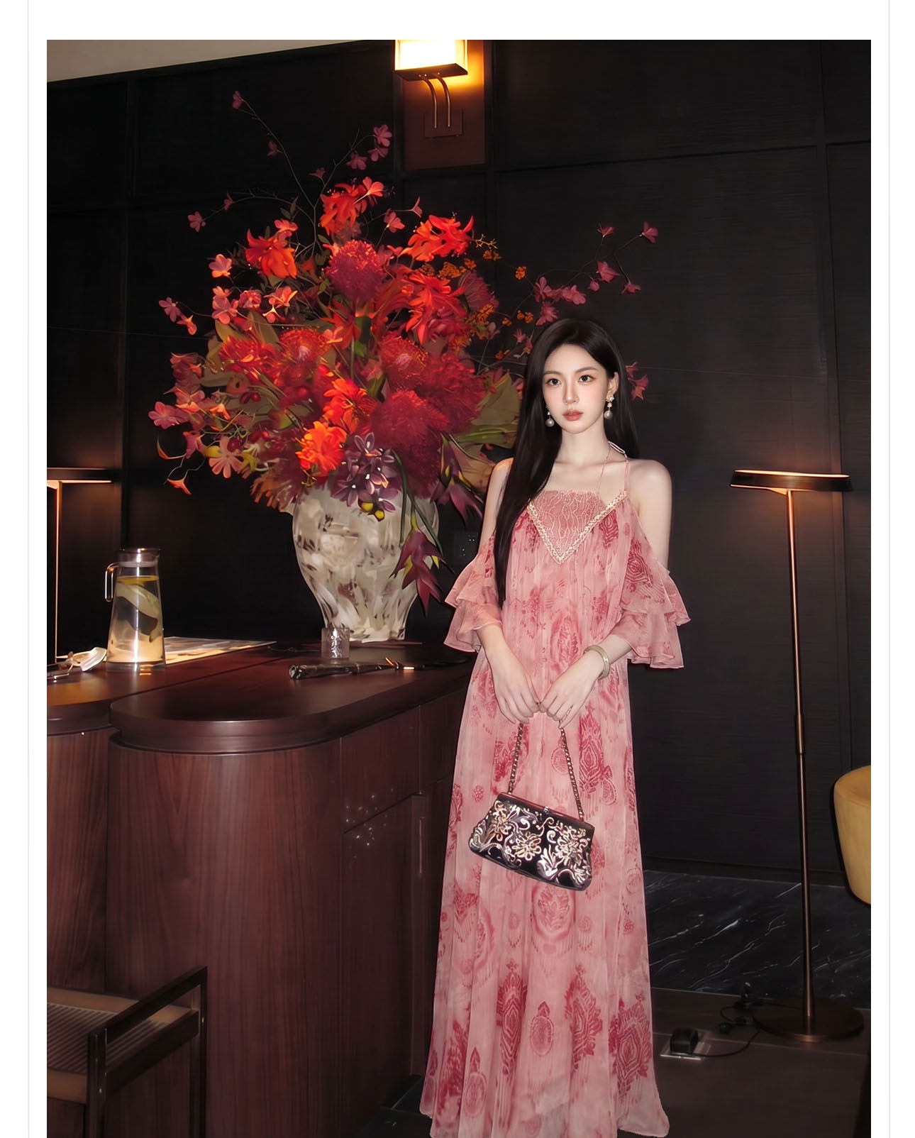 Đầm maxi nữ thắt eo ren cổ yếm phong cách Tây Mễ Á — Bột Lệ, Thuốc lá xanh chi tiết 9