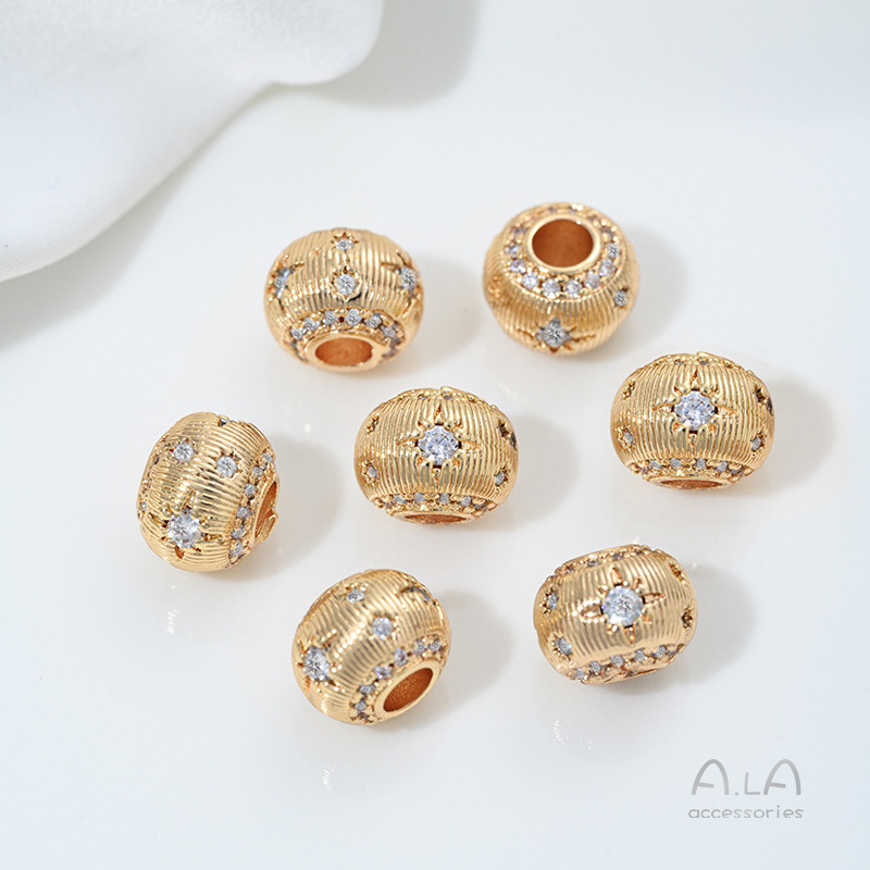 Wholesale Spacer Beads 14K Gold-Plated Color-Preserving Zircon-Inlaid Large-Hole Round Beads DIY Bracelet Necklace Materials String Crystal Pearl Barrel Beads