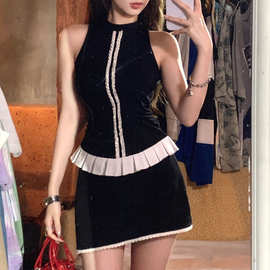 美式辣妹芭蕾背心套装裙女夏季收腰黑色上衣包臀短裙百搭两件套潮