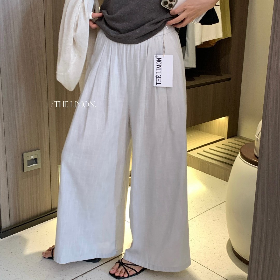 Quần ống rộng nữ vải linen phối cotton dáng suông mùa hè — Xám gạo, Xanh xám nhạt, Xanh đen, Cam bí ngô