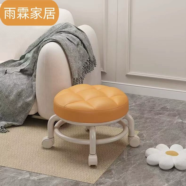 Бытовой вращающийся табурет в кремовом стиле с колесиками, подвижный круглый табурет с мягкой подушкой для входа в гостиную, ленивый табурет для смены обуви.