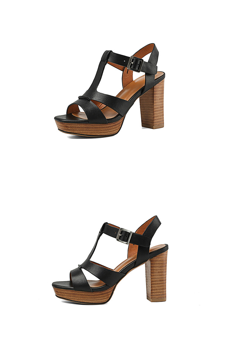 Sandal cao gót hở mũi retro 10 cm quai chữ T gót vuông da bò — Màu nâu chi tiết 21