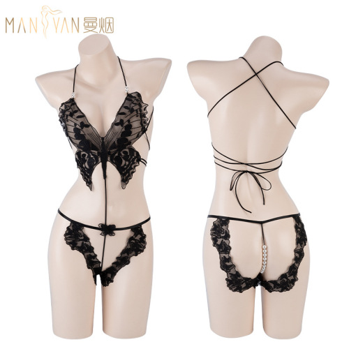 Manyan sexy lingerie sexy butterfly top see-through strap one-piece three-point outer blouse suit dropshipping 8308