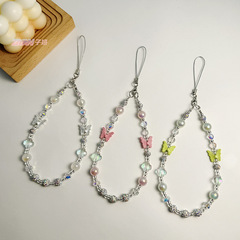 原創ins風冰透水晶蝴蝶串珠手機鏈合金包包掛飾相機掛繩少女百搭