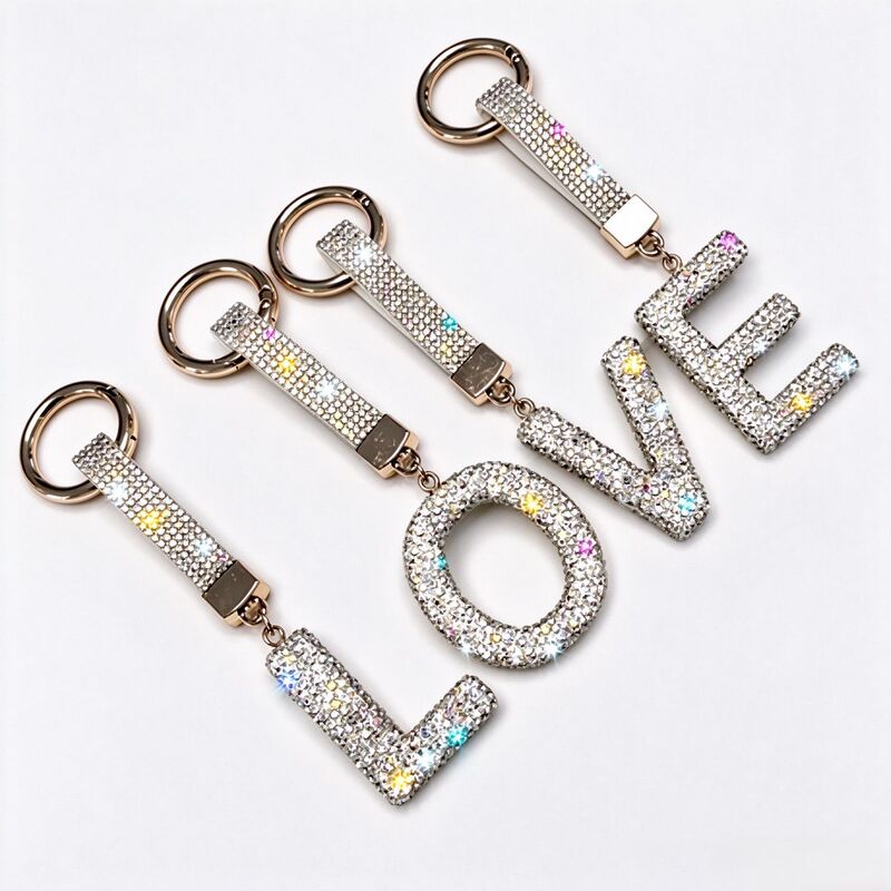 Cross-Border Clay Rhinestone-Encrusted Full Diamond Lanyard Letter Keychain Pendant Decoration Keychain DIY Jewelry Accessories Wholesale