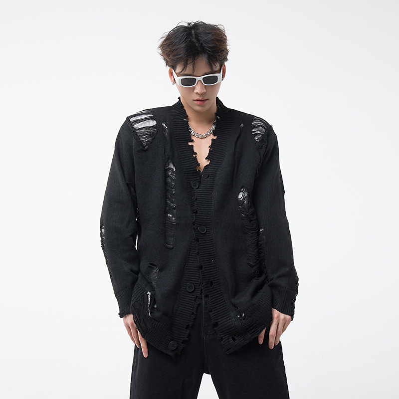 Ripped cardigan sweater men's autumn ins fashion brand loose design coat American high street ruffle handsome sweater