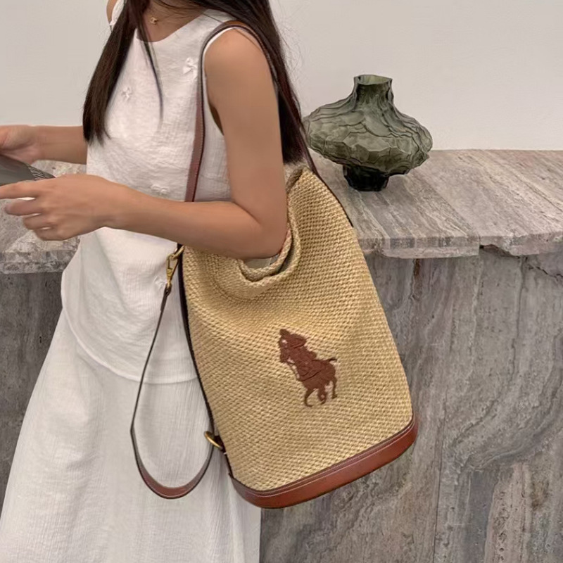 French Bag Women's 2025 Spring and Summer New Polo Large-Capacity Raffia Straw Bucket Bag Fashionable Horse Brand Tote Bag