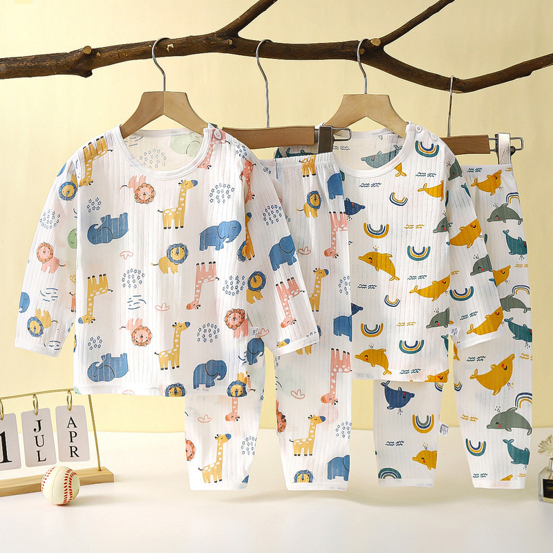 Children's Pure Cotton Home Clothes Set 2025 New Summer Long-Sleeved Pajamas Thin Air-Conditioned Clothes for Boys and Girls