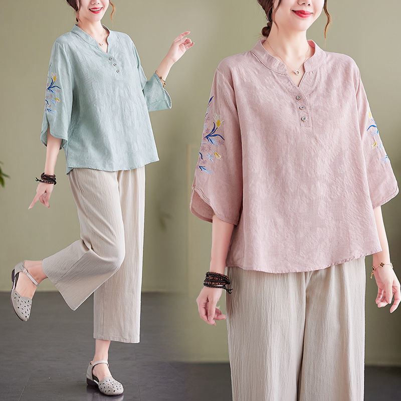 棉麻套装女妈妈夏装时尚洋气夏季新款绣花大码薄款亚麻短袖两件套